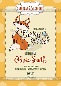 Baby shower card with cute little fox - vector image