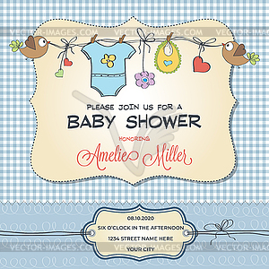 Карточка с детским душем с детской одеждой - векторизованное изображение клипарта