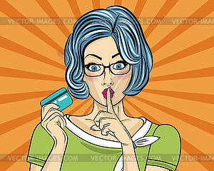 Beautiful woman in pop art style with credit card - vector clipart