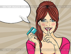 Beautiful woman in pop art style with credit card - vector image