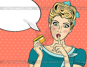 Beautiful woman in pop art style with credit card - vector image