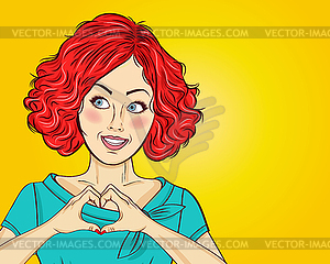 Pop art woman making heart sign with hands. Comic - vector image