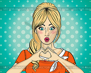 Blonde pop art woman making heart sign with hands. - vector clip art