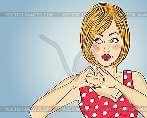 Blonde pop art woman making heart sign with hands. - vector clipart