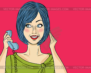 Delightted pop art woman chatting on retro phone. - vector clipart