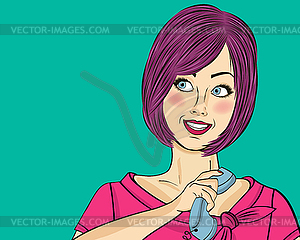 Delightted pop art woman chatting on retro phone. - royalty-free vector image