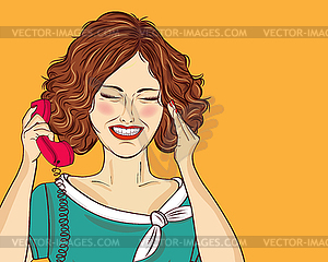 Amused pop art woman chatting on retro phone. - vector clip art