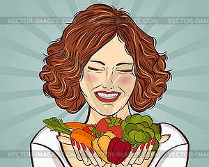 Beautiful red-haired lady with vegetables in his - vector image