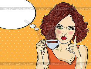Sexy pop art woman with coffee cup - vector clipart