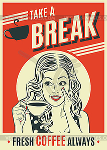 Advertising coffee retro poster with pop art woman - royalty-free vector clipart