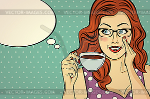 Sexy pop art woman with coffee cup - vector image