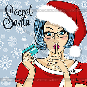 Секретная девушка Санта с кредитной карты. Поп-арт женщина - цветной векторный клипарт