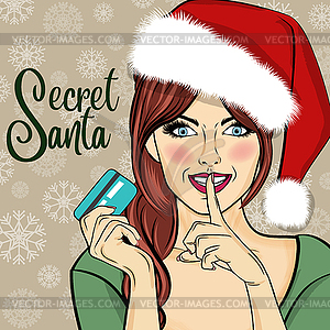 Secret Santa Girl with credit card. Pop art woman - vector image