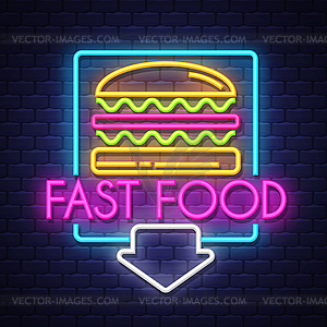 Fast Food- Neon Sign on brick wall background - vector image