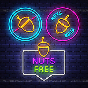 Nuts Free badge collection . Allergy sign. Neon sign - vector image