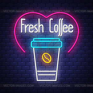 Fresh coffee- Neon Sign on brick wall background - vector clip art