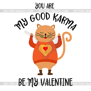 Funny Valentine`s day card with cat - vector clipart