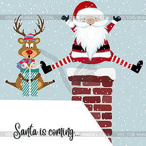 Funny Christmas card with Santa and reindeer - vector image