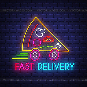 Pizza fast delivery - Neon Sign on brick wall - vector image
