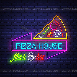 Pizza House - Neon Sign on brick wall background - vector clip art