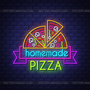 Homemade Pizza - Neon Sign on brick wall background - vector clipart