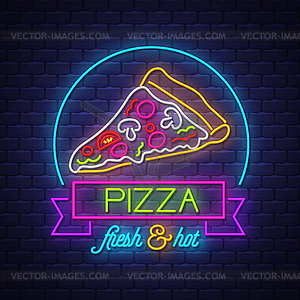 Pizza Neon Sign on brick wall background - vector image