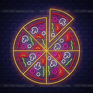 Pizza - Neon Sign on brick wall background - vector image