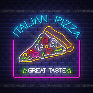 Italian Pizza - Neon Sign on brick wall background - vector image