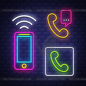 Phone communication neon signs collection - vector clip art