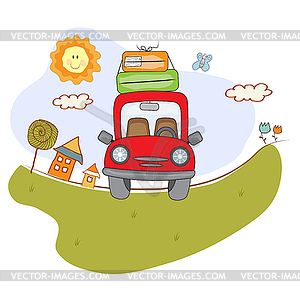 Red car with suitcases on road. Summer holiday - vector clipart