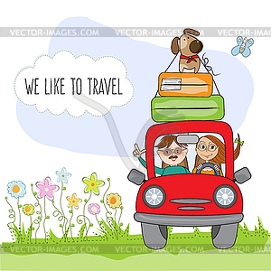 Happy couple with their dog traveling with funny re - vector clipart