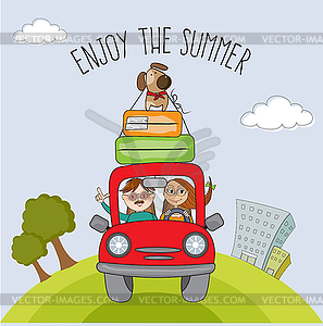 Happy couple with their dog traveling with funny re - stock vector clipart