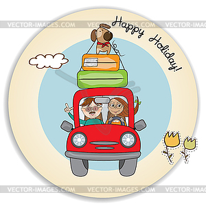 Happy couple with their dog traveling with funny re - vector clip art
