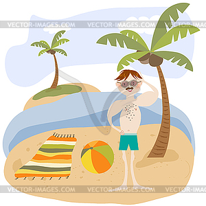 Sexy man on beach. Summer holiday poster - vector clipart