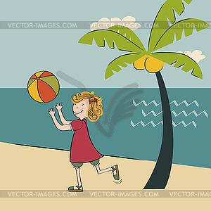 Cute girl play ball on beach , Summer holiday poster - vector image