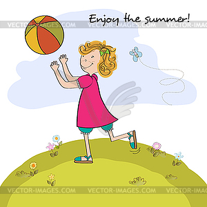 Cute girl play ball , Summer holiday poster - vector clip art