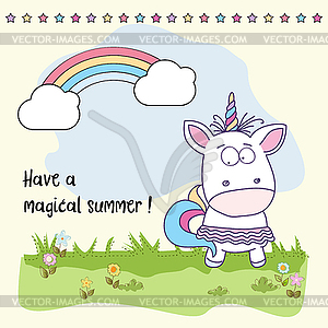 Have magical summer. Cool poster with unicorn girl - vector image