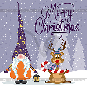 Flat design Christmas card with happy gnome and - vector clip art