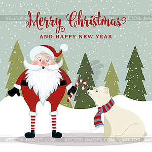 Великолепная рождественская открытка с Дедом Морозом и белым медведем - клипарт в векторном виде