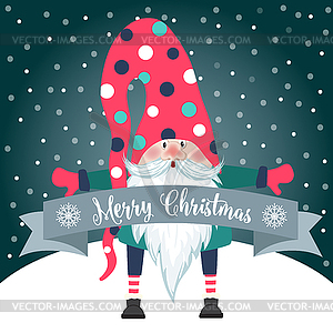 Christmas card with cute gnome and wishes. Flat - vector clip art
