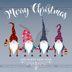 Beautiful flat design Christmas card with gnomes. - vector image