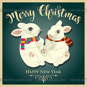 Vintage Christmas card with rabbits and message. - vector image