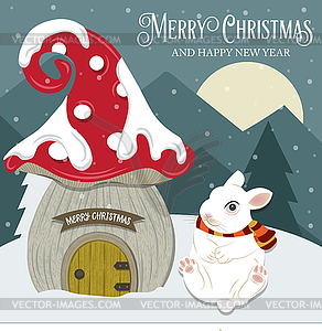 Beautiful Christmas card with gome house and rabbit - vector image