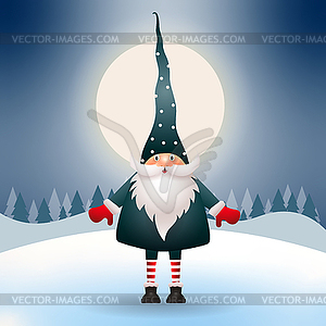 Cute gnome in Christmas night. Christmas scene - vector clipart