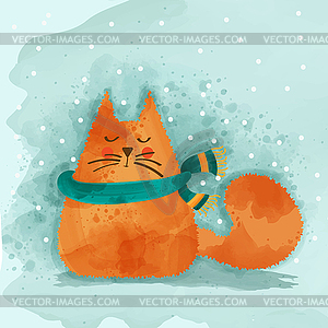 Cute watercolor cat in winter. Christmas card - vector clipart