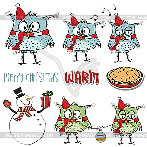 Funny Christmas birds collection and other Christma - vector image