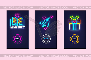 Love mobile app set with neon glow icons. Virtual - vector clipart