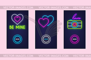 Love mobile app set with neon glow icons. Virtual - vector image