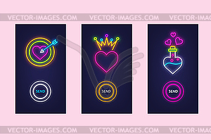 Love mobile app set with neon glow icons. Virtual - vector image