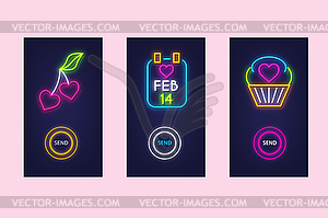 Love mobile app set with neon glow icons. Virtual - vector image